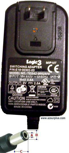 LOGIC3 TESA2-0902500 AC DC SWITCHING ADAPTER 9V 2.5A - Click Image to Close