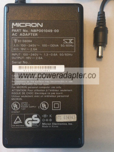 MICRON NBP001049-00 AC ADAPTER 19VDC 2.6A NEW 2.2 x 5.5 x 9.4mm - Click Image to Close