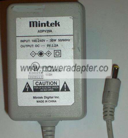 MINTEK ADPV29A AC ADAPTER 9Vdc 2.2A -( ) 1.6x4mm Used 100-240Vac