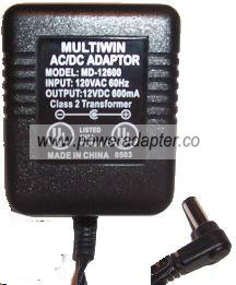 MULTIWIN MD-12600 AC ADAPTER 12VDC 600mA POWER SUPPLY CLASS 2 TR