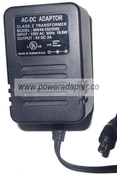 MW48-0502000 AC ADAPTER 5Vdc 2A 18.6W -( )- POWER SUPPLY Class 2 - Click Image to Close