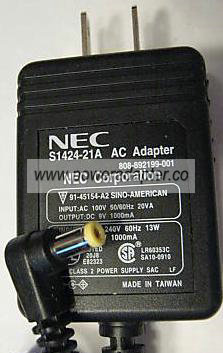 NEC S1424-21A AC DC ADAPTER 9V 1000MA POWER SUPPLY - Click Image to Close