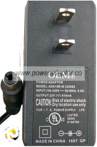 OEM ADS18B-W 220082 AC ADAPTER 22VDC 818mA Used -( )- 3x6.5mm IT