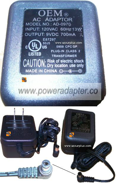 OEM AD-0970 AC ADAPTER 9VDC 700ma Center ve 2.1x5.5mm NEW POWER - Click Image to Close