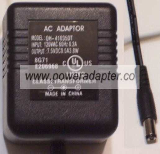 OH-41035DT AC DC ADAPTER 7.5V 0.5A 3.8W POWER SUPPLY CLASS 2 TRA - Click Image to Close