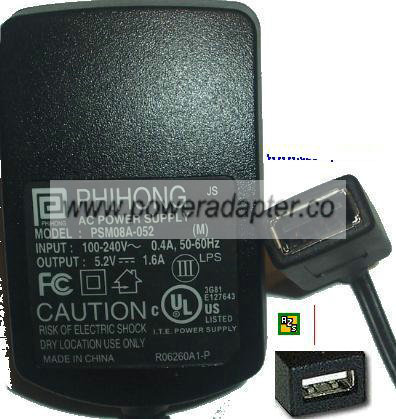 PHIHONG PSM08A-052 AC DC ADAPTER 5.2V 1.6A POWER SUPPLY - Click Image to Close