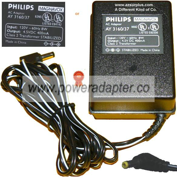 PHILLIPS AY3160/37 AC ADAPTER 4.5Vdc 400mA 90 1.6x4mm -( ) Used