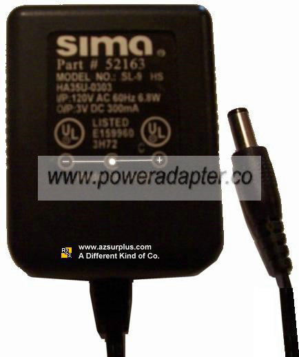 SIMA SL-9 HS HA35U-0303 AC ADAPTER 3Vdc 300mA -( ) Used 2x5.5mm - Click Image to Close