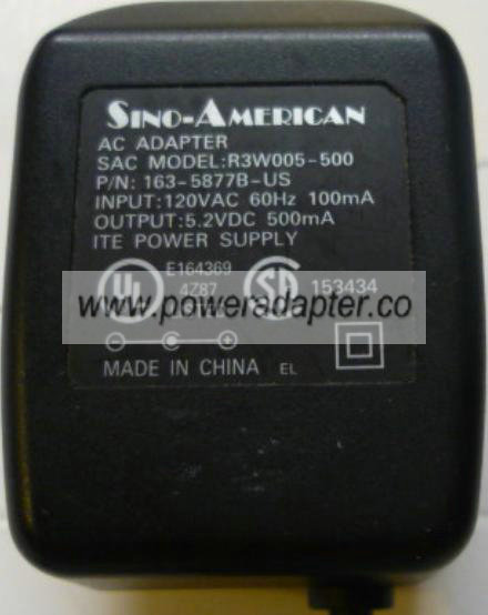 SINO-AMERICAN R3W005-500 AC ADAPTER 5.2VDC 500mA POWER SUPPLY - Click Image to Close