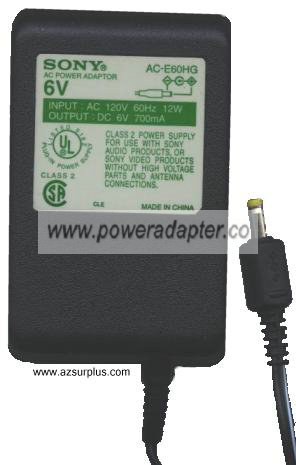 SONY AC-E60HG AC ADAPTER 6Vdc 700mA For Power Supply AUDIO VIDEO 1.7x4x10mm - Click Image to Close