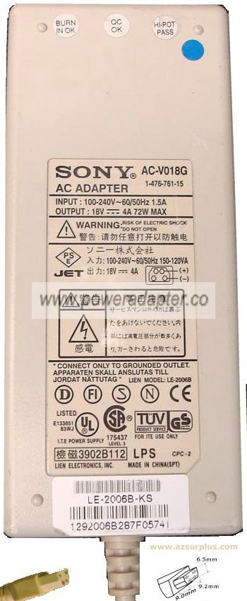 SONY AC-V018G AC ADAPTER 18VDC 4A 72W 4Pin POWER SUPPLY for LAPT - Click Image to Close