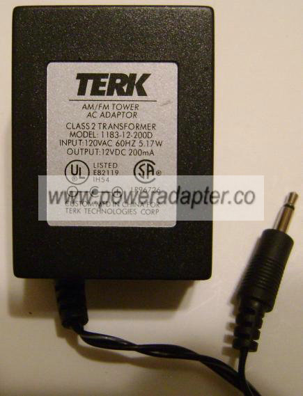 TERK 1183-12-200D AC DC ADAPTER 12V 200MA POWER SUPPLY CLASS 2 - Click Image to Close