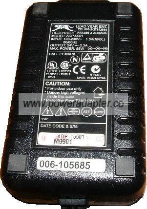 Tiger Power ADP-5501 AC Adapter 24Vdc 2.3A 55W 3Pin RECEIPT PRIN - Click Image to Close