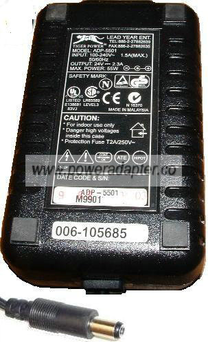 Tiger Power ADP-5501 AC Adapter 24Vdc 2.3A 55W 3Pin RECEIPT PRIN - Click Image to Close