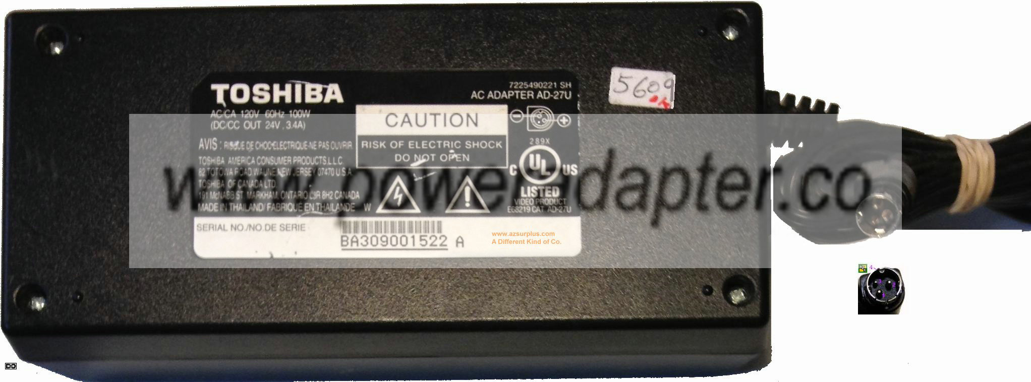 Toshiba AD-27U AC Adapter 24Vdc 3.4A Used Power supply 3 Pin Min - Click Image to Close