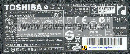 TOSHIBA PA3743E-1AC3 AC ADAPTER 19VDC 1.58A POWER SUPPLY ADP-30J - Click Image to Close