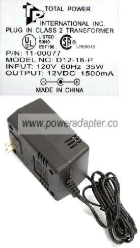 TP D12-16-P AC ADAPTER 12VDC 1500mA Power Supply - Click Image to Close
