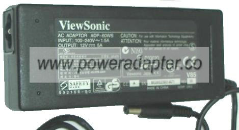 VIEWSONIC ADP-60WB AC ADAPTER 12Vdc 5A NEW -( )- 3 x6.5mm Power - Click Image to Close