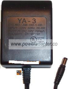YA-3 AW-10D-1-GB AC ADAPTER 10VDC 700mA POWER SUPPLY - Click Image to Close