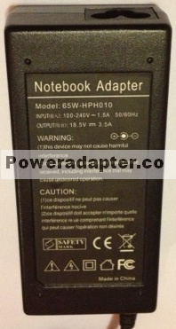 NOTEBOOK ADAPTER 65W-HPH010 18.5VDC 3.5A NEW 1 x 5.2 x 7.3 x 12 - Click Image to Close