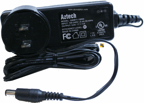 Aztech SWM11-10090 AC Adapter 9Vdc 1.11A NEW center ve power s - Click Image to Close