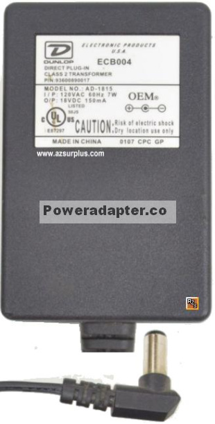 Dunlop AD-1815 ECB004 AC Adapter 18Vdc 150mA (-) 2x5.5mm 90 Po - Click Image to Close