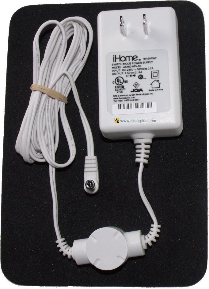 IHOME AS160-075-AB AC ADAPTER 7.5V DC 2.14A POWER SUPPLY
