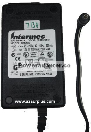 INTERMEC 065236 AC ADAPTER 12VDC 1700mA Used -( )- 2.5x5.5mm 95-