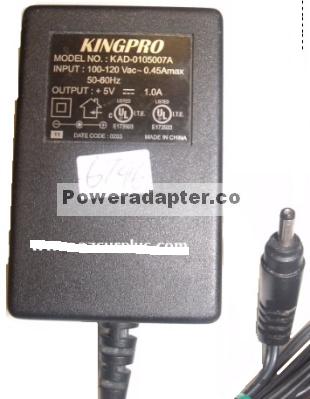 KINGPRO KAD-0105007A AC ADAPTER 5VDC 1A Used 1.2 x 3.7 x 9.4 mm - Click Image to Close