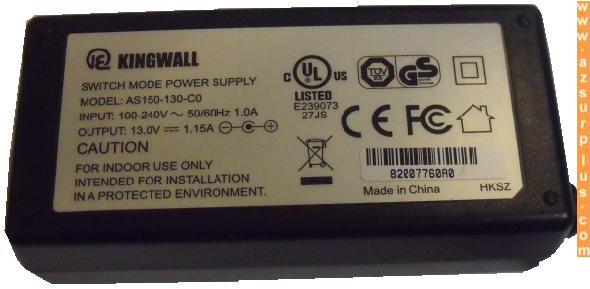 KINGWALL AS150-130-C0 AC ADAPTER 13VDC 1.15A POWER SUPPLY CENTER - Click Image to Close