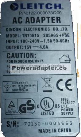LEITCH TR70A15 AC ADAPTER 15VDC 4.6A 6Pin 122-000033Q00 Power Su - Click Image to Close