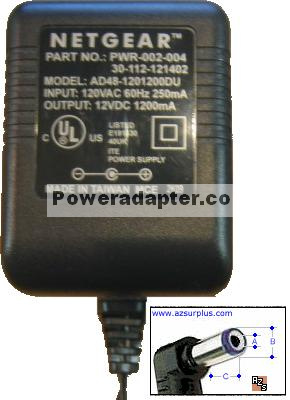 Netgear AD48-1201200DU AC Adapter 12VDC 1.2A Linear Power Suppl - Click Image to Close