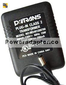POTRANS WD481200700 AC ADAPTER 12V DC 700mA PLUG-IN POWER SUPPLY - Click Image to Close
