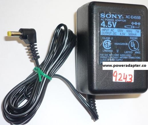 SONY AC-E455B AC ADAPTER 4.5VDC 500mA -(+) 1.4x4x9mm 90° ROUND BARREL SWITCHING POWER - Click Image to Close
