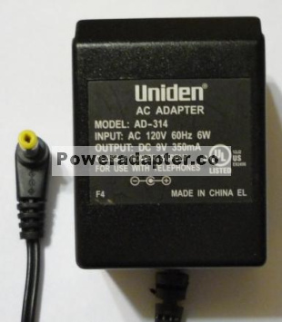 UNIDEN AD-314 AC ADAPTER 9VDC 350mA 6W Phone's POWER SUPPLY - Click Image to Close