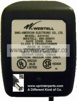 WESTELL A31312C AC ADAPTER 12VAC 1.25A ~(~)~ 2.5x5.5mm 120vac SI - Click Image to Close
