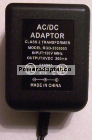 RGD-3506003 AC DC ADAPTER 6VDC 200mA POWER SUPPLY - Click Image to Close