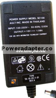 Ault SC100 AC ADAPTER 16vdc 1.56A Power Supply TA-16-03-F-01 100 - Click Image to Close