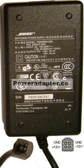 BOSE PSM36W-208 AC ADAPTER 18V -18V 1A SWITCHING POWER SUPPLY 4P - Click Image to Close
