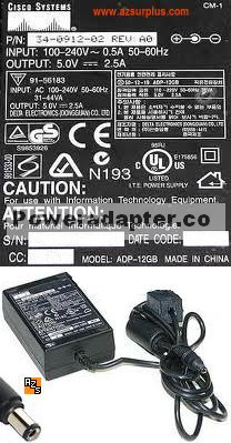 CISCO ADP-12GB AC ADAPTER 5VDC 2.5A 34-0912-02 new 100-24VAC 2. - Click Image to Close