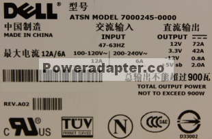 DELL ASTN MODEL 7000245-0000 SERVER POWER SUPPLY 12V 72A - Click Image to Close