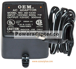 OEM AD-1230 AC ADAPTER 12VDC 300mA -( )- 2.5x5.5mm Linear Power - Click Image to Close
