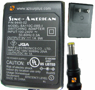 SINO-AMERICAN SA110C-09-I AC ADAPTER 9VDC 1A POWER SUPPLY CENTER - Click Image to Close