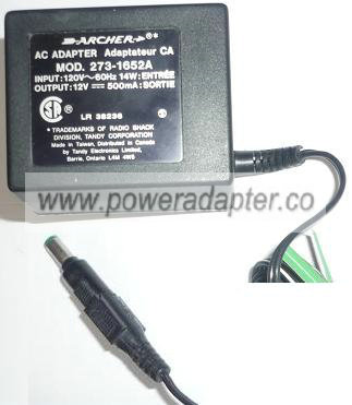 ARCHER 273-1652A AC ADAPTER 12VDC 500mA USED -(+) 2x5.5mm ROUND