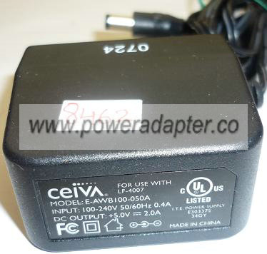 CEIVA E-AWB100-050A AC ADAPTER +5VDC 2A USED -(+) 2x5.5mm DIGITA - Click Image to Close