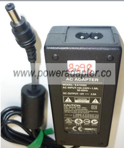 EA10362 AC ADAPTER 12VDC 3A USED -(+) 2.5x5.5mm ROUND BARREL - Click Image to Close