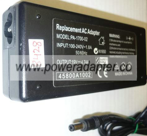 FINECOM REPLACEMENT PA-1700-02 AC ADAPTER 19VDC 4.74A USED -(+) - Click Image to Close