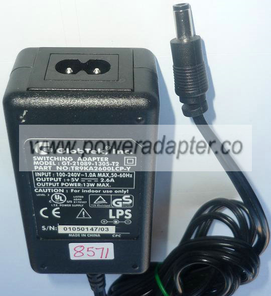 GLOBTEK GT-21089-1305-T2 AC ADAPTER +5VDC 2.6A 13W USED -(+) 3x5 - Click Image to Close