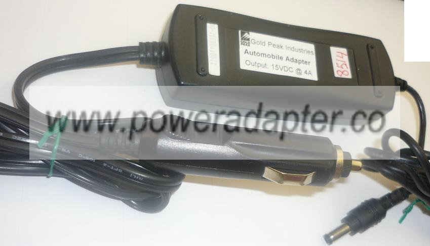 GOLD PEAK AUTOMOBILE ADAPTER 15VDC 4A USED 2.5x5.5mm 11001100331 - Click Image to Close