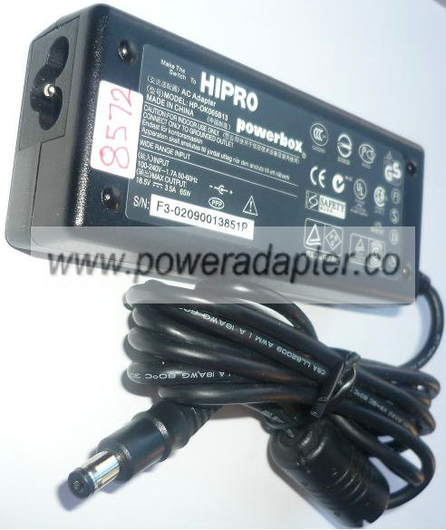 HIPRO HP-OK065B13 AC ADAPTER 18.5VDC 3.5A 65W USED -(+) 2x5.5x9. - Click Image to Close